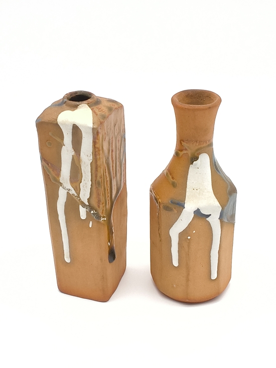 Vintage Other - Vintage Artisan Studio Pottery Stoneware Vase Pair - Minimalist White Drip